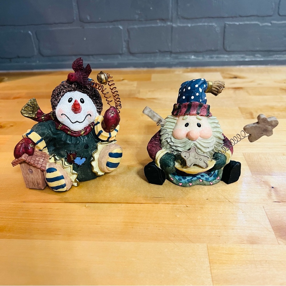 Vintage Pair of Springy Christmas Statues: Santa & Snowman Birdhouse /Cookies